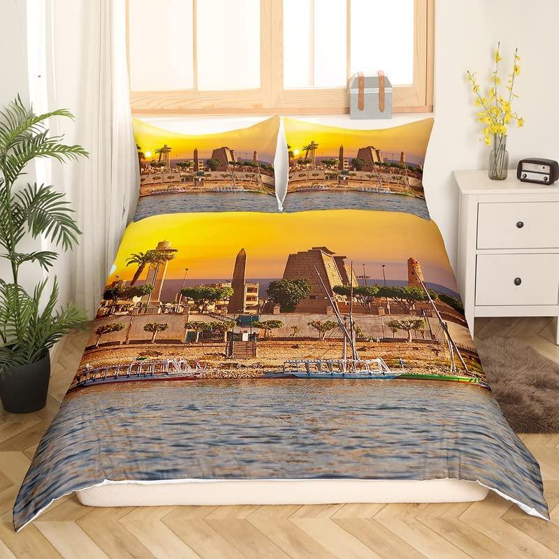 Sailing Boat Duvet Cover,Romantic City Sunset View Bedding Set,Colorful Boat Comforter Cover Valentine's Day Theme Quilt Cover