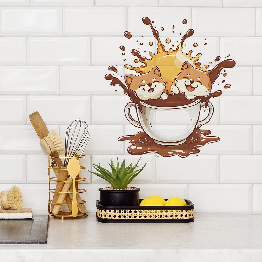 Creative Coffee Cups Cat Coffee Shops Kitchen and Dining Rooms Wall Background Beautification and Decorative Wall Stickers