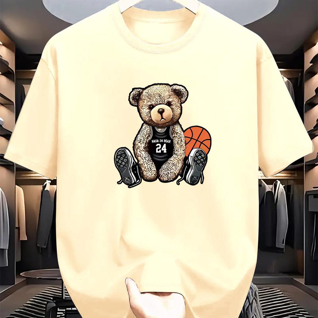 Men's Summer 100% Cotton Fashion Casual Loose Large Size Casual Bear Print Sports Round Neck Short-sleeved T-shirt Tops