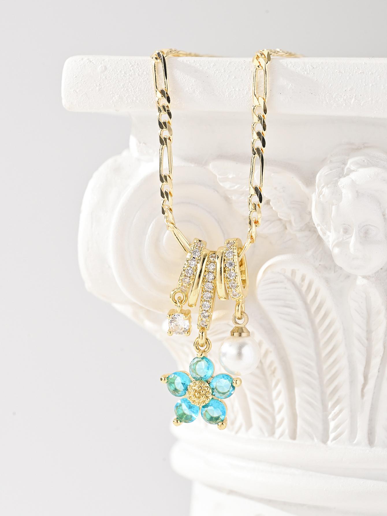 

FanSibao Легкая Роскошь Пять Колец Синий Циркон Цветок Вишни Жемчуг Кулон Ожерелье Женское Простое и Элегантное Ювелирный Подарок 50cm