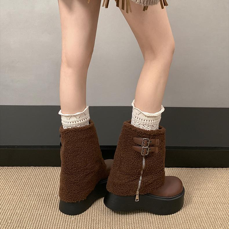 Thick-soled Lamb Wool Tall Snow Boots Women's 2025 Autumn and Winter Small Man Heightening Trouser Boots Plush Plush Boots