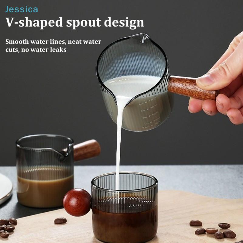 Ribbed Glass Milk Frothing Cup with Wooden Handle - 120ml Measuring Cup for Coffee & Milk