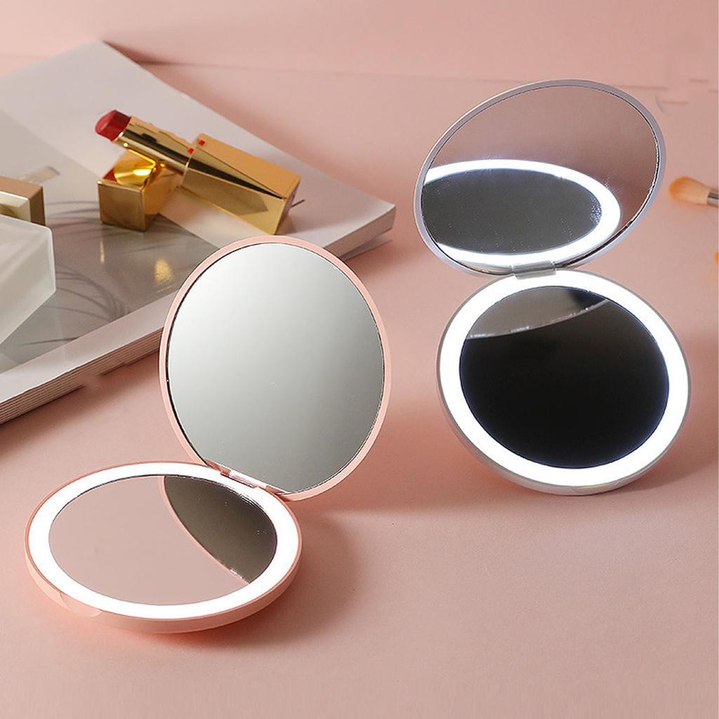 Round LED Pocket Mirror Portable Foldable Mini LED Lighted Pocket Makeup Mirror for Travel