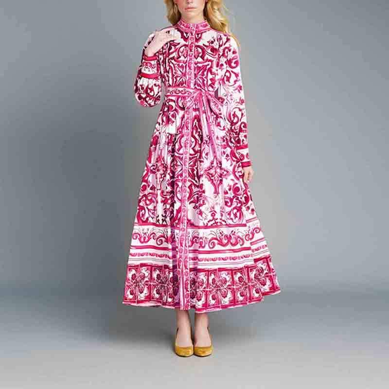 LYRIA European American Women's Fashion Long Printed Lantern Sleeve Dress, V-Neck, Waist-Tied, Turn-Down Collar, Long Sleeve