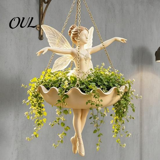 Wetterfester Pflanzenhänger Feen-Balletttänzerin Meerjungfrau Hängepflanzer, Harz Dekorativer Blumentopf mit Metallkette, für Balkon Außenbereich
