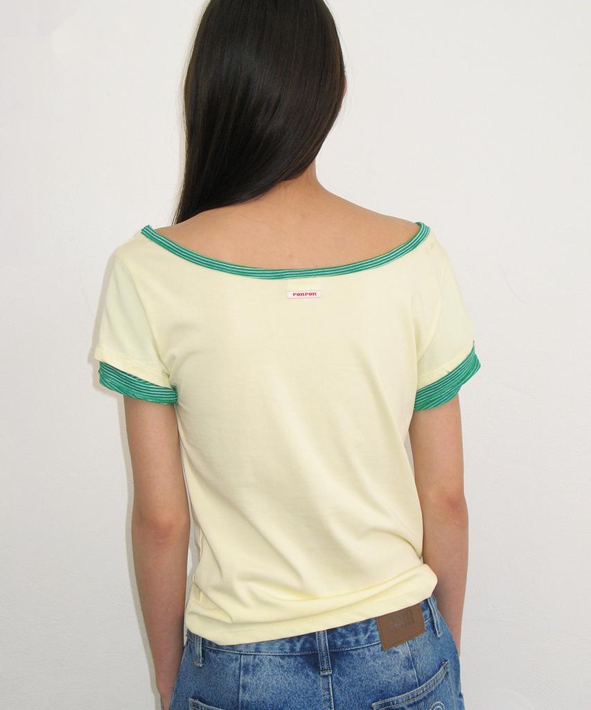 RONRON Heart Button Roll Up Layered T Shirt Soft Yellow