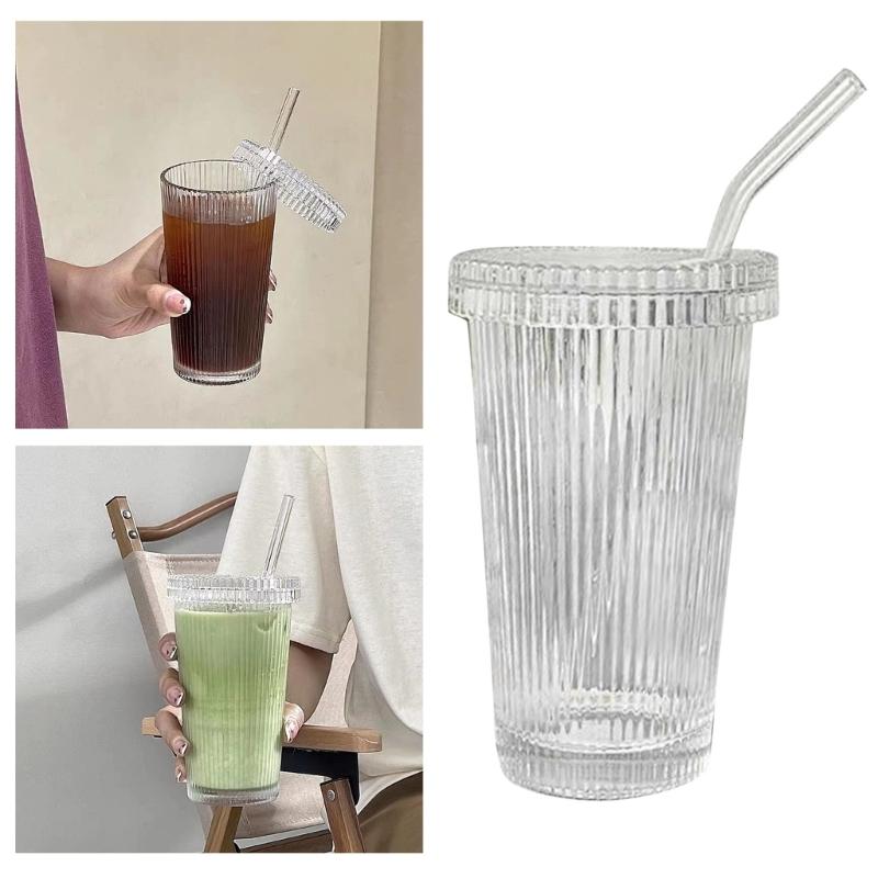 Coffee Mugs Milk Cup Glass Material Striped Glass Cup with Straw Drinking Cup Juice Cup Glass Material for Any Occasion