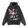 Vintage Hip Hop Oversized Distressed Hoodie With Graphic Print Loose Fit Streetwear Sweatshirt Men