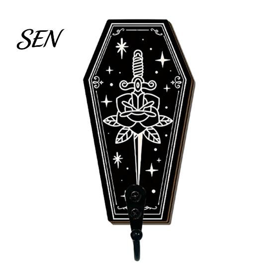 Boho Wall Mounted Rack Halloween Gothic Wooden Hook with Moon Star Skeleton Patterns, Decorative Retro Key Hanger for Entryway Hallway Living