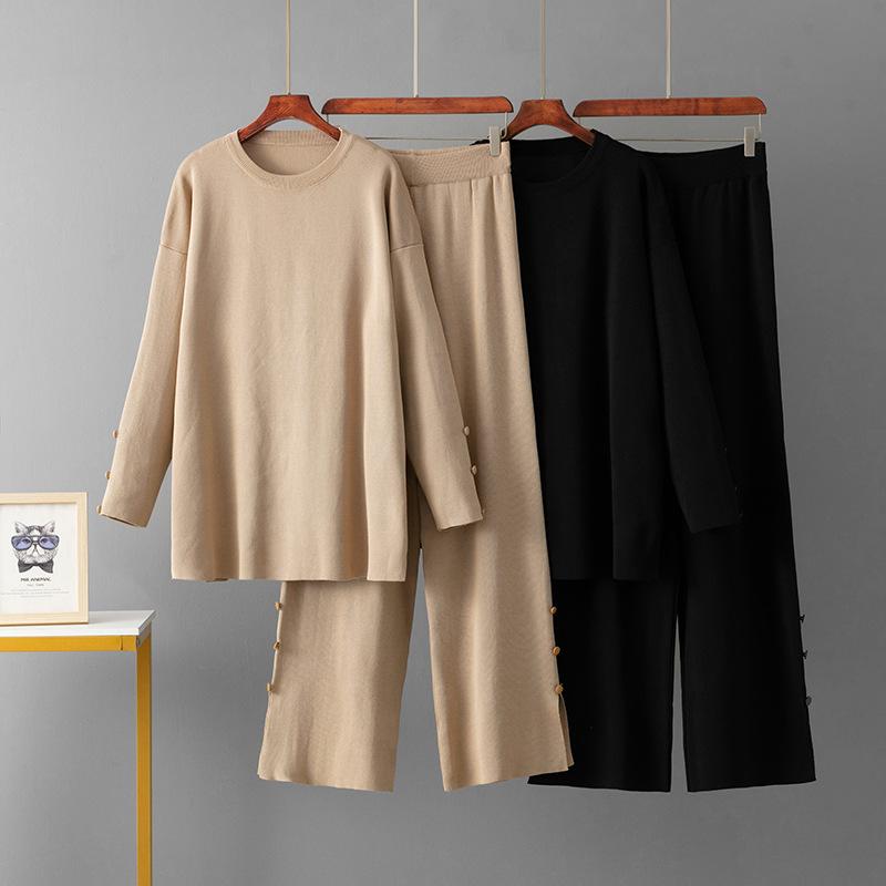 Solid Color Large Size Sweater Set Women's 2025 Autumn and Winter New Round Neck Loose Casual Two-piece Set