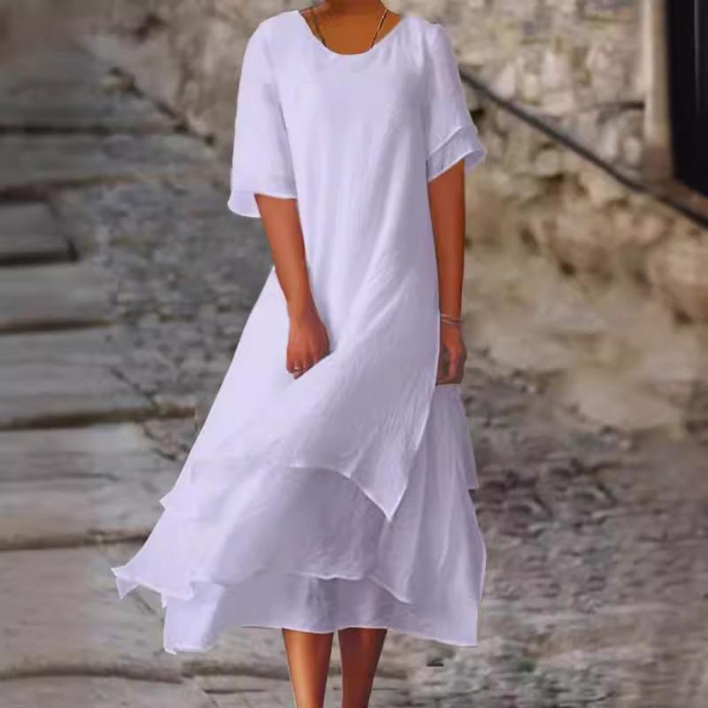 Summer Cotton and Linen Double-layer Color Blocked Slit Short Sleeved Round Neck Dress