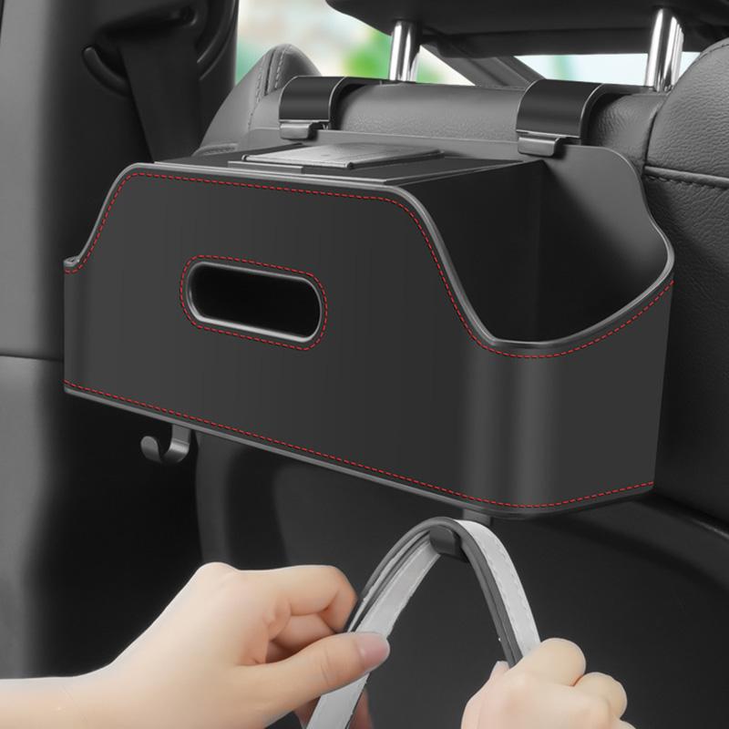 Auto-Organizer-Box, multifunktionale Auto-Taschentuchbox aus Leder, Aufbewahrungsbox für den Rücksitz des Autos, Telefonsitz, Papiertütenhaken, Wasserbecherhalter