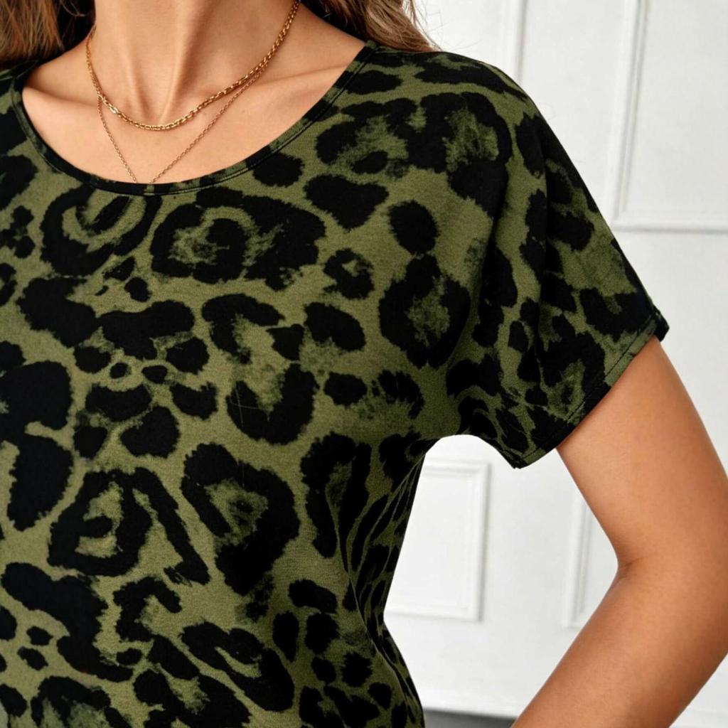 Army Green Leopard Print Crew Neck Short-sleeve T-shirt, European and American Style Loose Casual Women's Top, Direct Supply from the Manufacturer