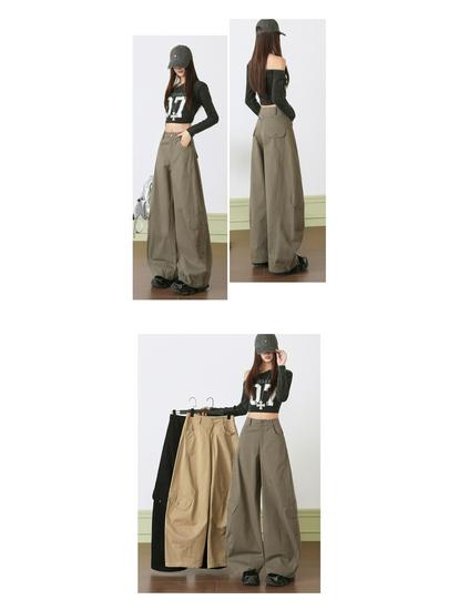 Retro Fleece-Lined Curved Leg Cargo Pants - Stylish, Slimming, Multi-Pocket, Wide-Leg Design