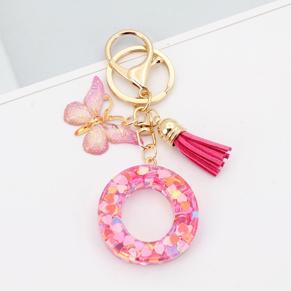 Pink Butterfly Tassel & Resin Sequin Letter Keychain - Backpack Charm for Women