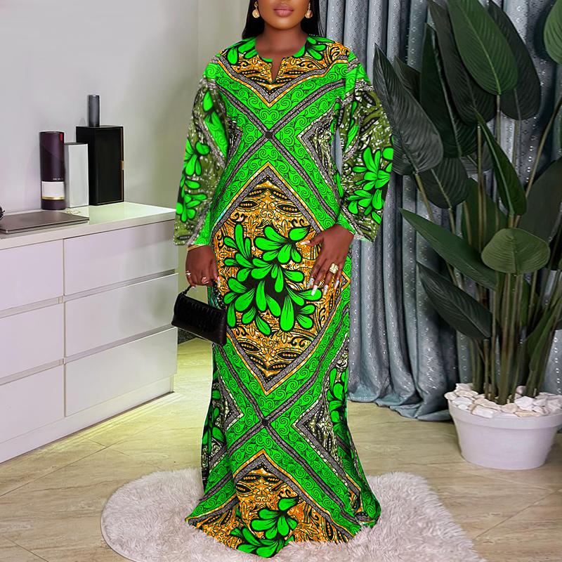 Rochii largi imprimate cu mâneci lungi, cu gât rotund, mărimi Plus