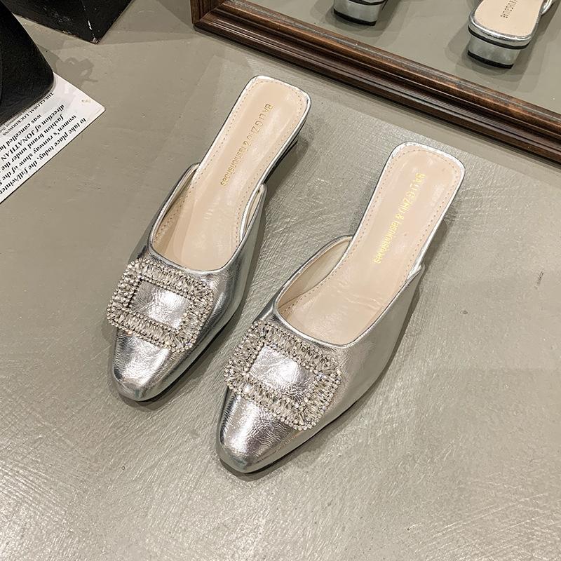 2025 New Simple Pointed Temperament Rhinestone Buckle Single Shoes Women's Outer Wear Bag Head Half Slippers Fashion Casual Muller Shoes