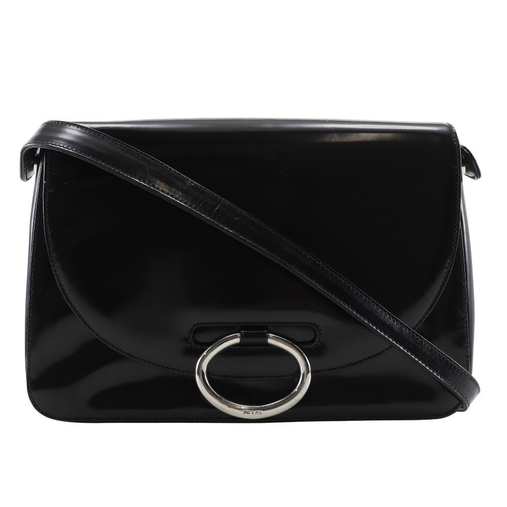 Prada One Belt Shoulder Bag Black Patent Leather Women Used