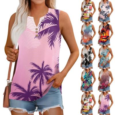 Women's Summer Vest Loose Solid Color Button V-Neck Casual Sleeveless Shirt Tops