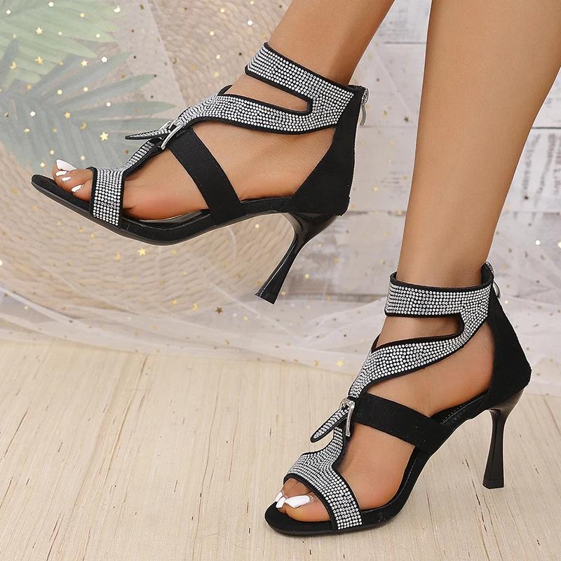 Fashion Shiny Crystal High Heels Sandals for Women 2025 Fashion Zipper Stiletto Heel Party Shoes Woman Summer Peep Toe Ankle Sandals