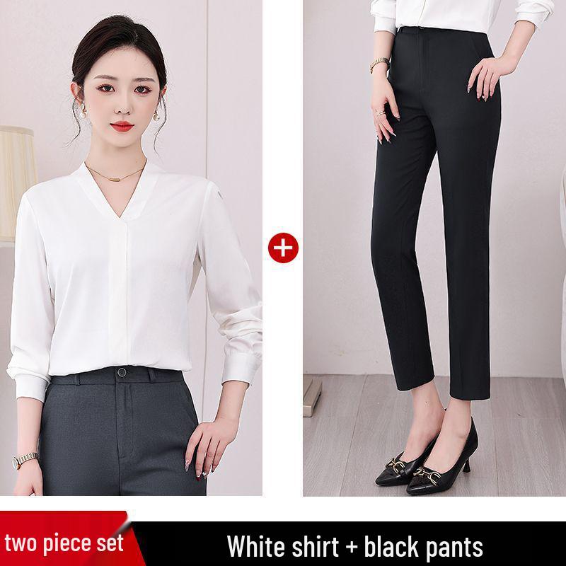 Formelles Damen-Anzugset mit V-Ausschnitt Chiffon Weißes Hemd