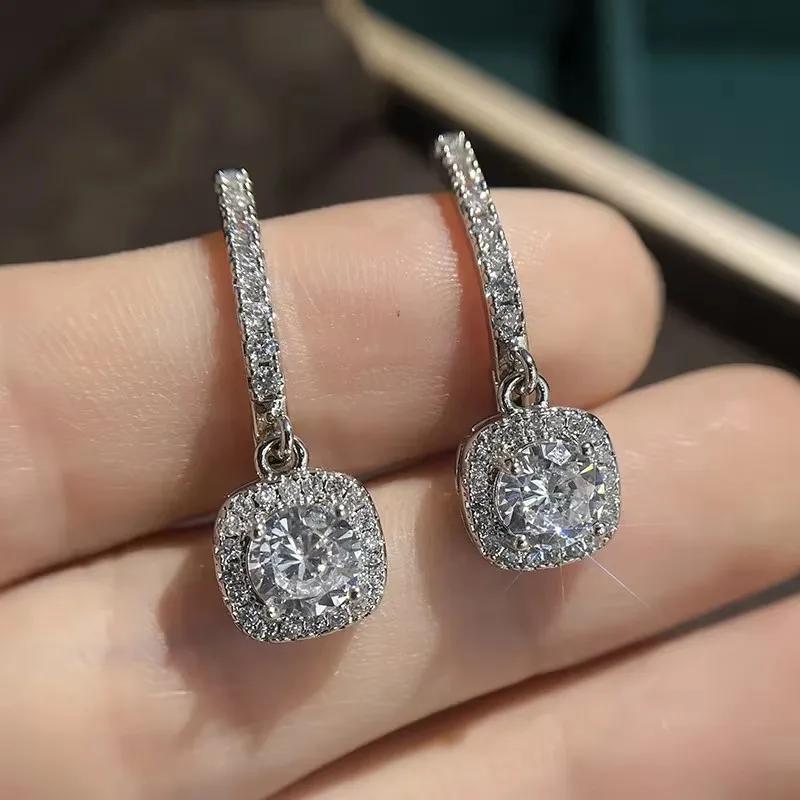4-claw Square Shiny Zircon Inlaid Dangle Earrings Elegant Temperament Silvery Plated Material Exquisite Gift For Women Girls