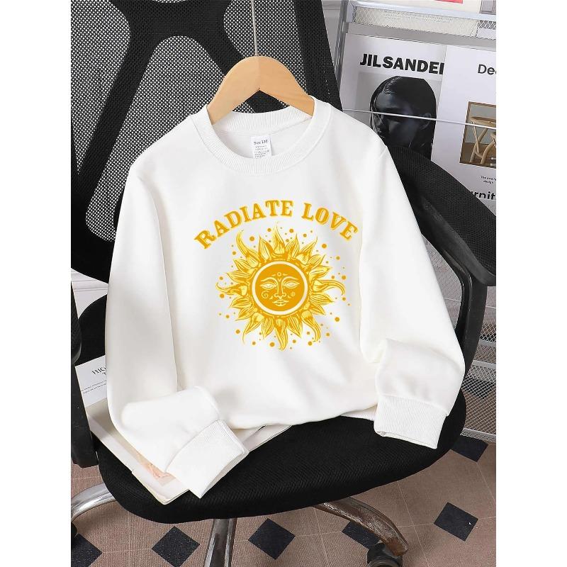 Girls' Crewneck Sweatshirt | Radiate Love Sun Face Design, Cute Print, Soft Casual, Easy-Care, Regular Fit