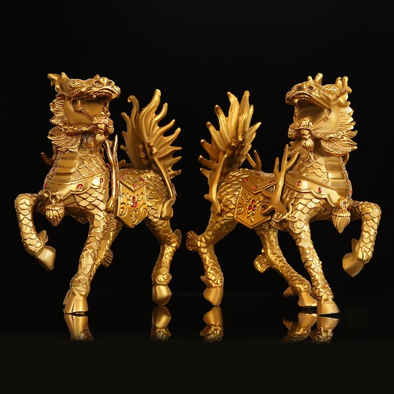 Fire Ornament Full Copper Male and Female Pair Crystal Kirin Home Entrance Office Small Decorative Divine Beast Auspicious