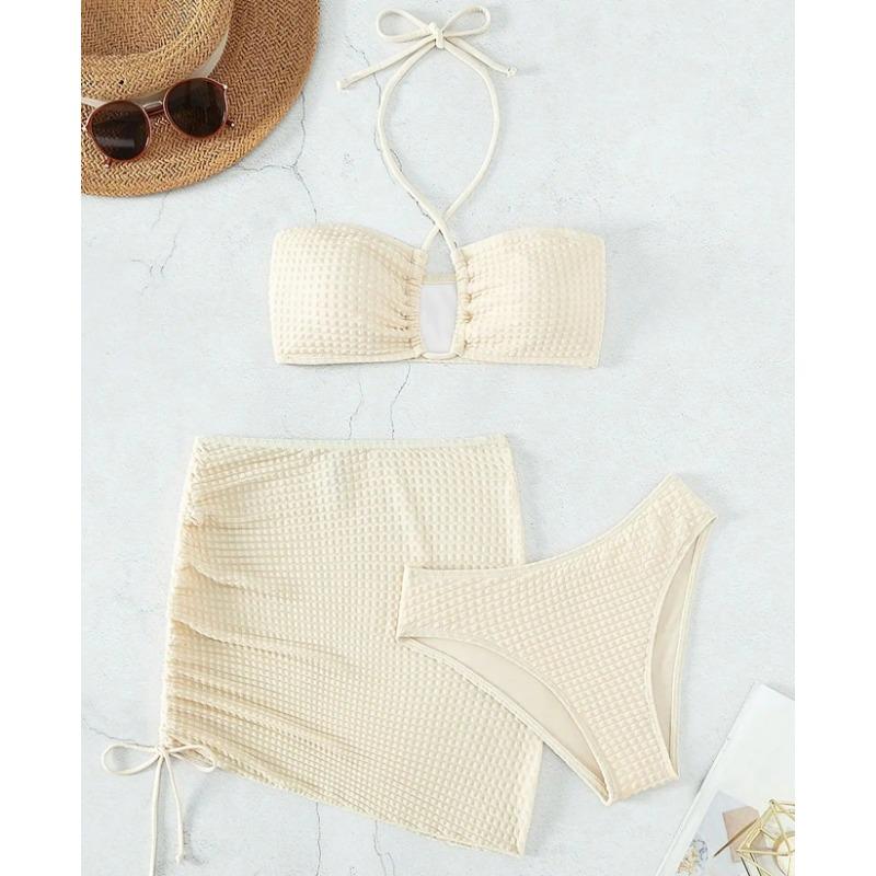 3 Piece Bikini Suit Beige Color Sexy Hang neck Swimwear Female Side Draw rope Skirt Women Beach suit