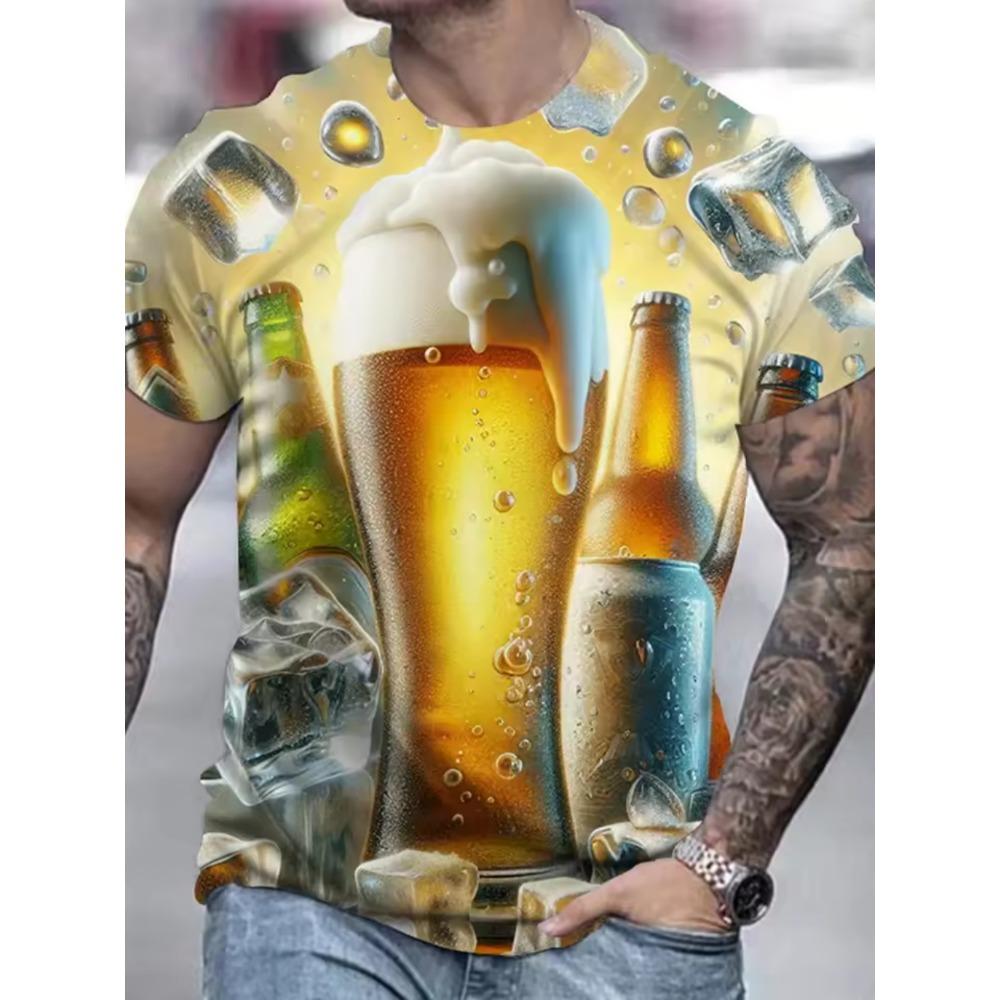 Fashionable Dazzling Fireworks Beer 3D Printed T-shirt Men Summer Loose Comfortable Plus Size Short Sleeved T-shirt