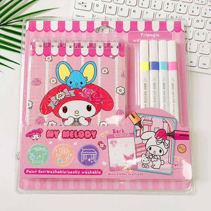 Sanrio Hello Kitty Melody Kuromi Painting Notebook Four Color Watercolor Pen Cartoon Graffiti Coloring Watercolor Painting Gift