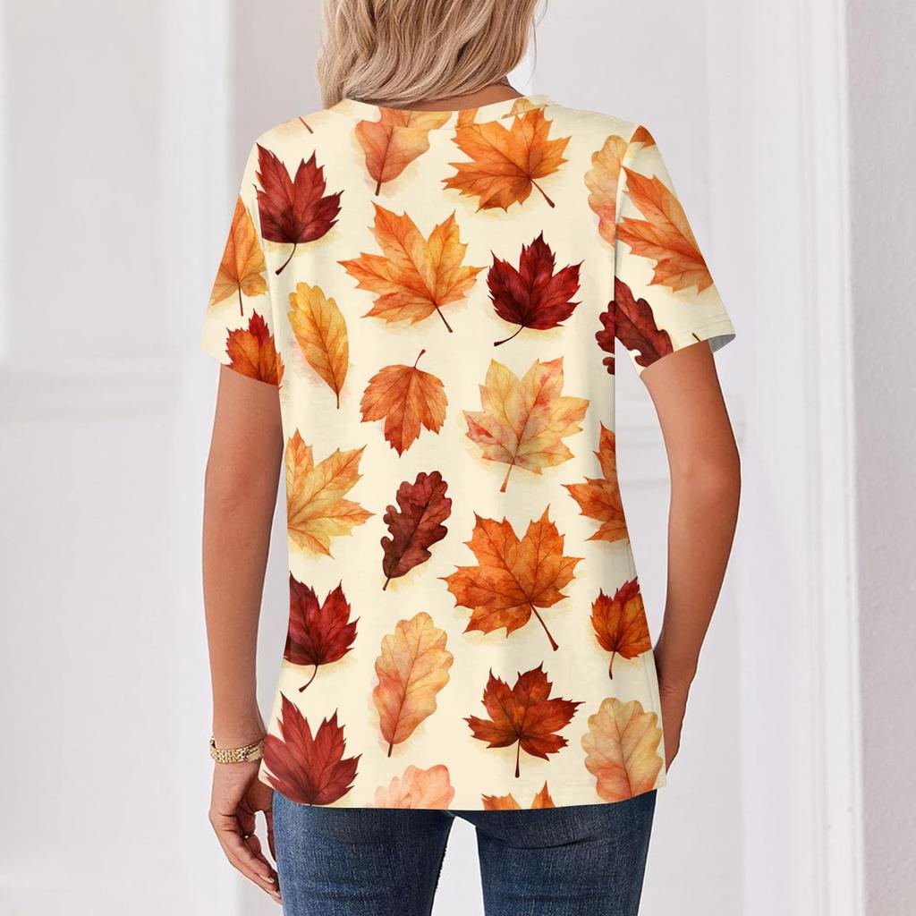Women's Casual Short Sleeve V-Neck T-Shirt with Leaf Print and Decorative Buttons