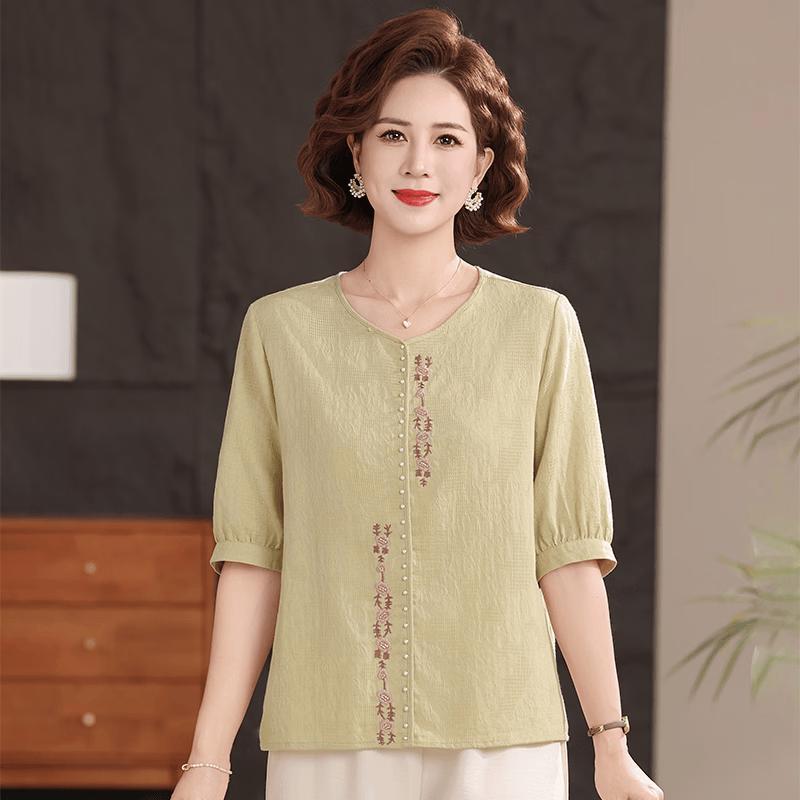 Women s New Chinese Style Embroidered V-Neck Summer Top 2XL