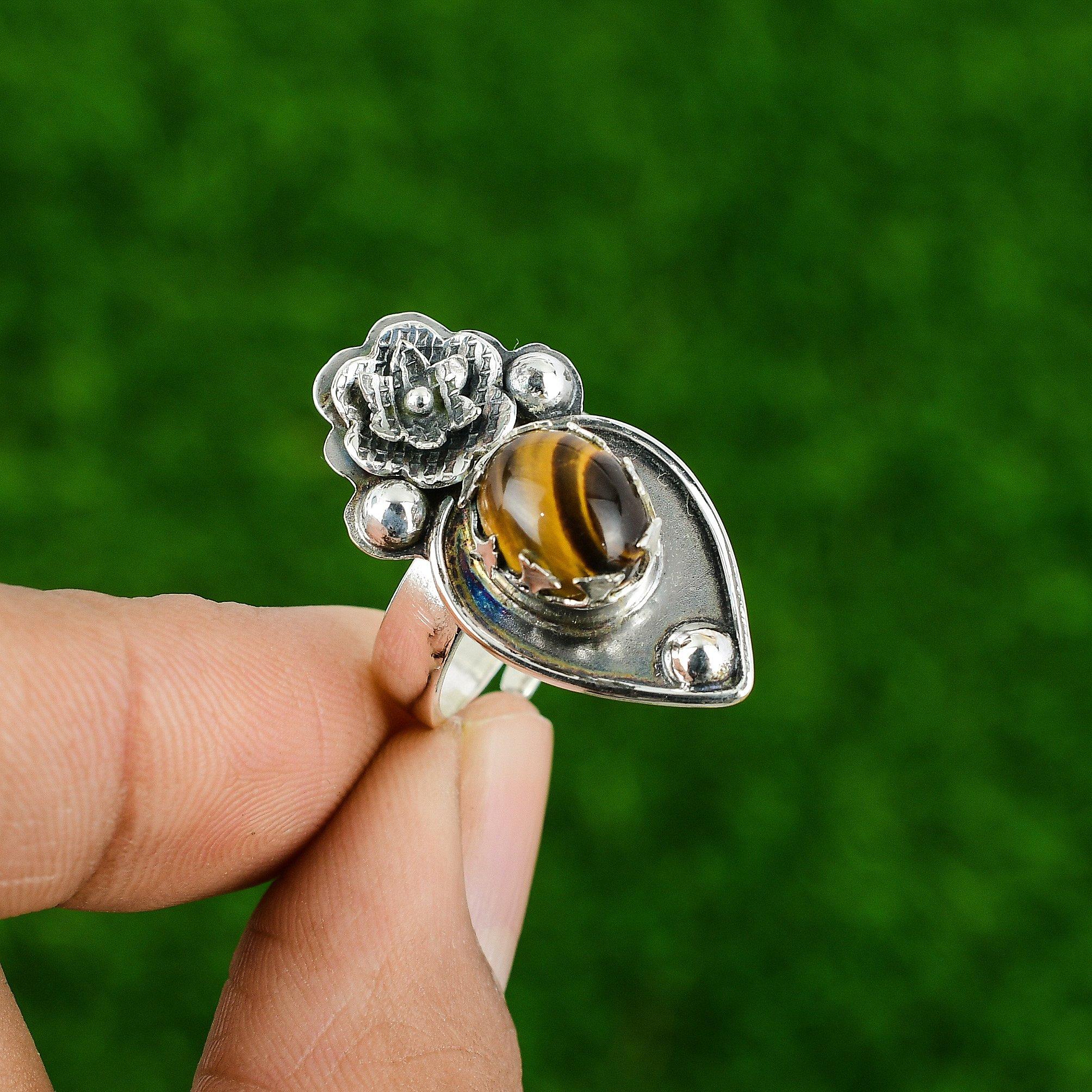 

Natural Tiger S Eye Gemstone Stackable Flower Adjustable Ring 925 Silver Adjustable