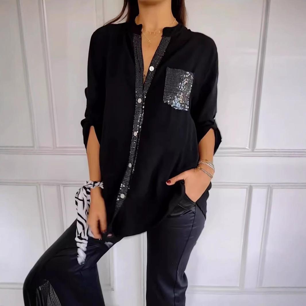 

Cross-Border Sequin Pocket Fashion Shirt XL красный