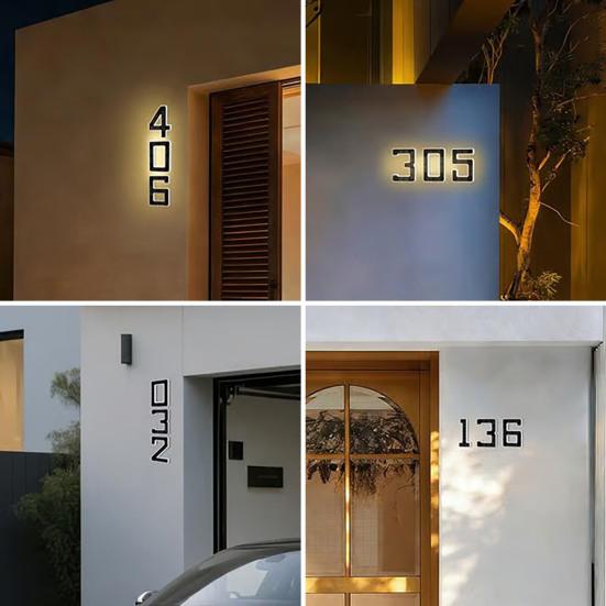 Solar House Number Sign 9-Inch LED Backlight Address Sign Auto On/Off Waterproof Solar LED Number Pendant No-Drill Installation Modern Address Plaque