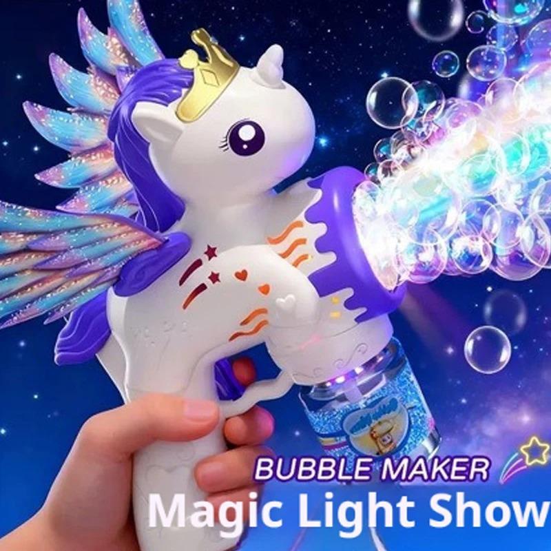 Flying Horse Unicorn Electric Bubble Gun,Colorful Porous Automatic Soap Blower With Lights Summer Outdoor Party Games Toys