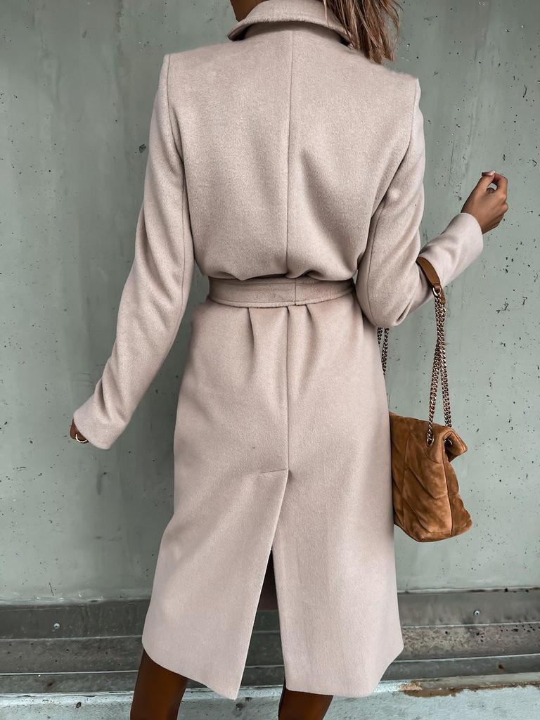 Women's Spring/Autumn Simple V-neck Wool Long Coat with Tie