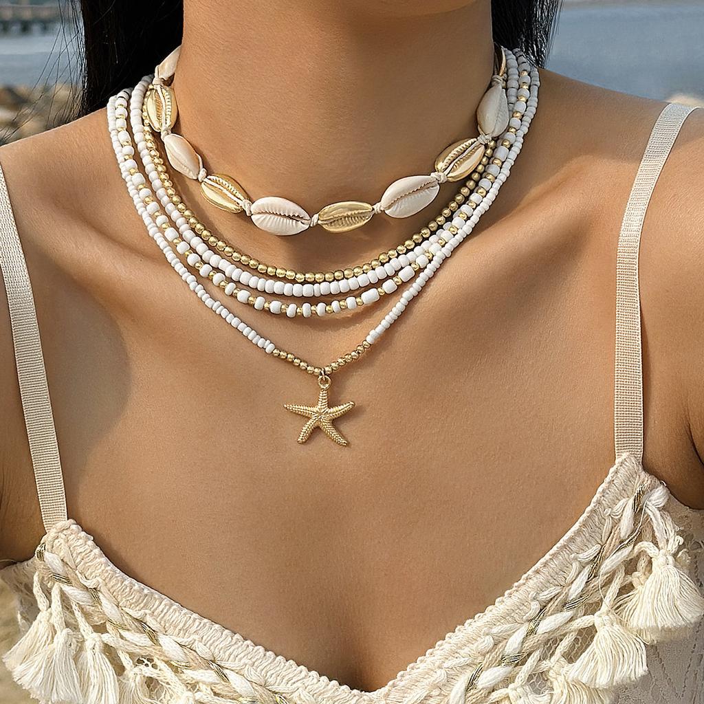 Bohemian Color Rice Bead Braided Rope Necklace Bracelet Set, Beach Wind Starfish Jewelry Twelve-piece Set