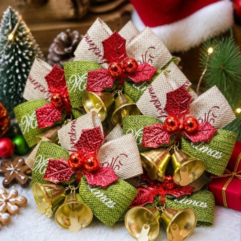 10PC Christmas Bow Bells for Christmas Tree Decora Gift Wrapping Weddings New Year Parties Small Ornaments with Golden Tips