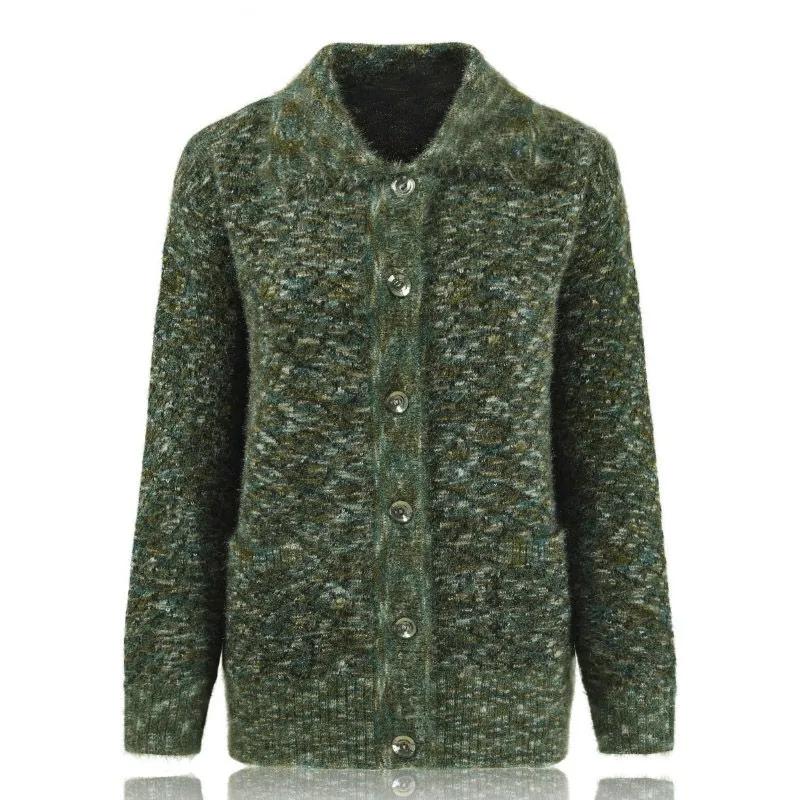 

Женский вязаный свитер свободного кроя с лацканами и длинными рукавами для женщин среднего и пожилого возраста, весенне-осенняя верхняя одежда M зелёный