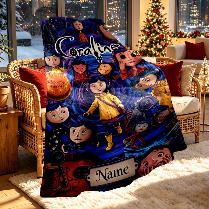 Custom Name Personalized Coraline Print Blanket, Home Decor, Bedroom, Sofa, Camping, Couch, Gifts for Birthday Christmas