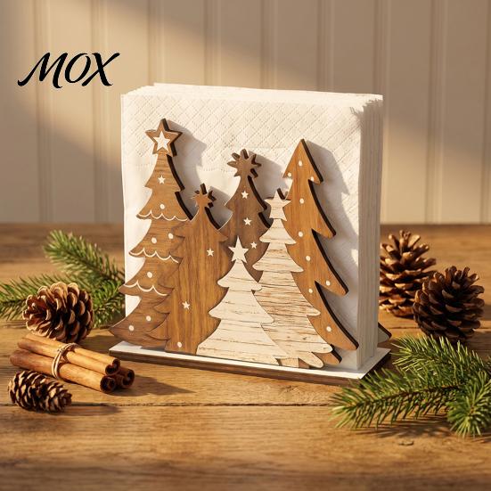 Kitchen Table Decoration Wooden Christmas Tree Napkin Holder, Freestanding Tissue Dispenser with Star And Snowflake Decor, Party Supplies Decorative