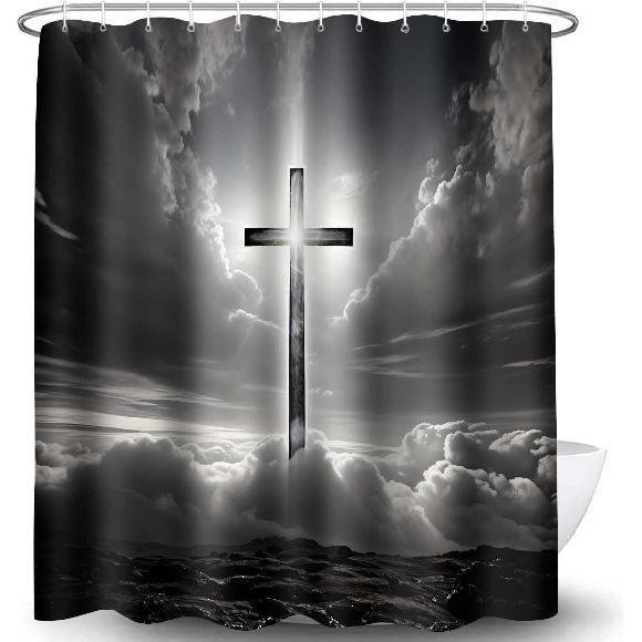 Cross Shower Curtain, 72x72inch, Crucifix Bathroom Shower Curta Easter Jesus Bathroom Curta Decor Set with 12 Hooks YLMRTP0611