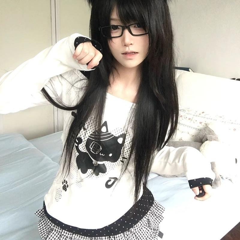 T-shirt da Donna Kawaii Juminocore Gatto Bianco Pois Scollo a Barca Manica Lunga Stile Giapponese Slim Finto Due Pezzi