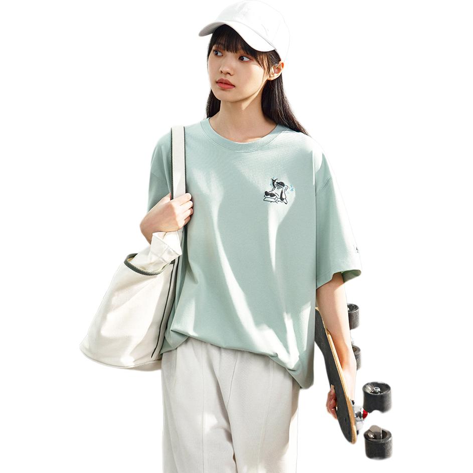 Anta Comfortable Letter Cartoon Print Simple Versatile Loose Fit Drop Shoulder Sports Short Sleeve T-Shirt Unisex Tops Sky-Blue 172528114-2