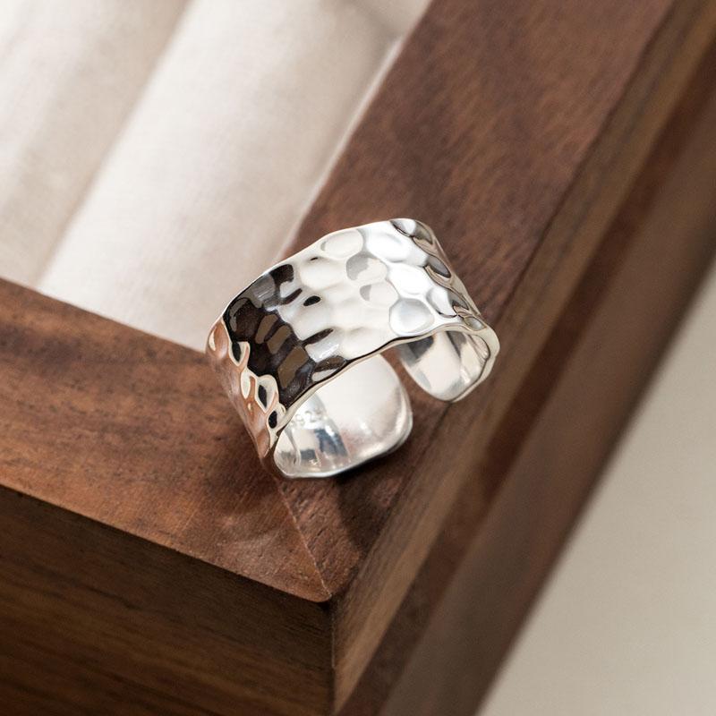 Hot Sale 925 Sterling Silver Hammered Surface Wide Open Finger Rings for Women Jewelry