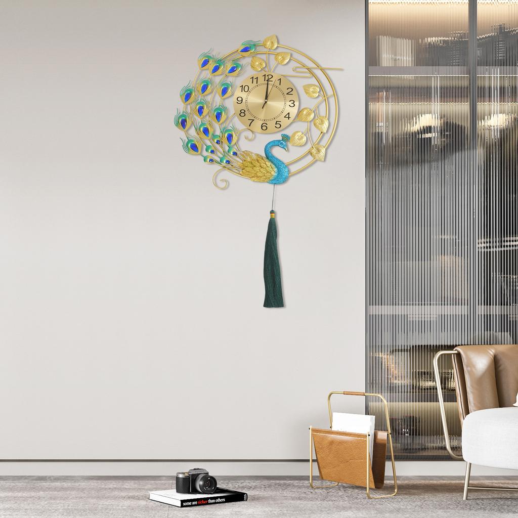 Peacock Metal Wall Clock,Gold Blue Wall-mounted Silent Art Wall Clock 58*100cm for Decoration Bedrooms