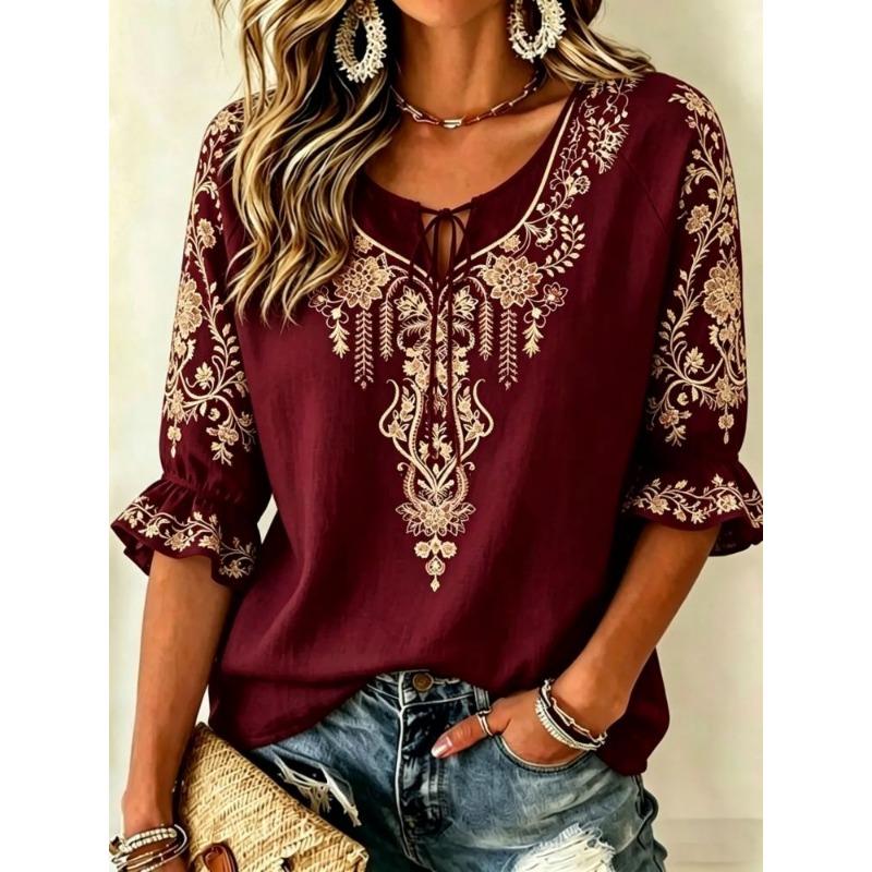 Women's White Boho Floral Print Tie Neck Blouse, Casual Loose Tops for Spring Summer Daily Wear & Vacation Occasions