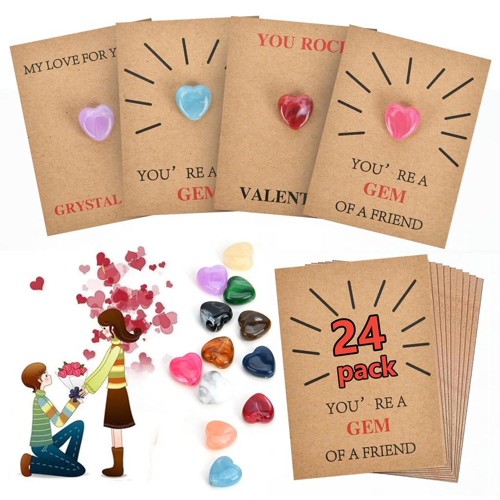 24Pcs Funny Valentine Exchange Card Gift with Heart-Shape Gems Valentine Exchange Card Funny Gift for Girls Boys School Class